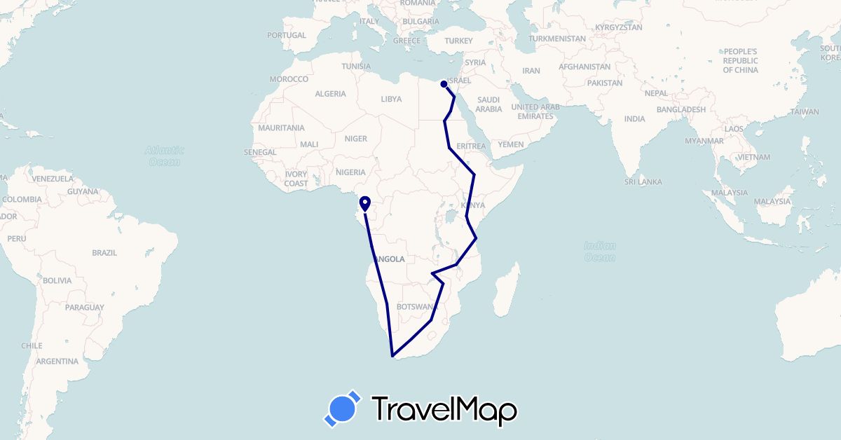 TravelMap itinerary: driving in Angola, Egypt, Ethiopia, Gabon, Kenya, Malawi, Namibia, Sudan, Tanzania, South Africa, Zambia, Zimbabwe (Africa)
